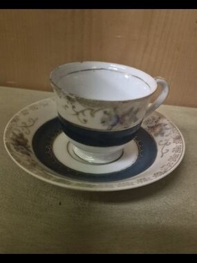 Occupied Japan Teacup Saucer Set Deep Teal Blue Gold Trim